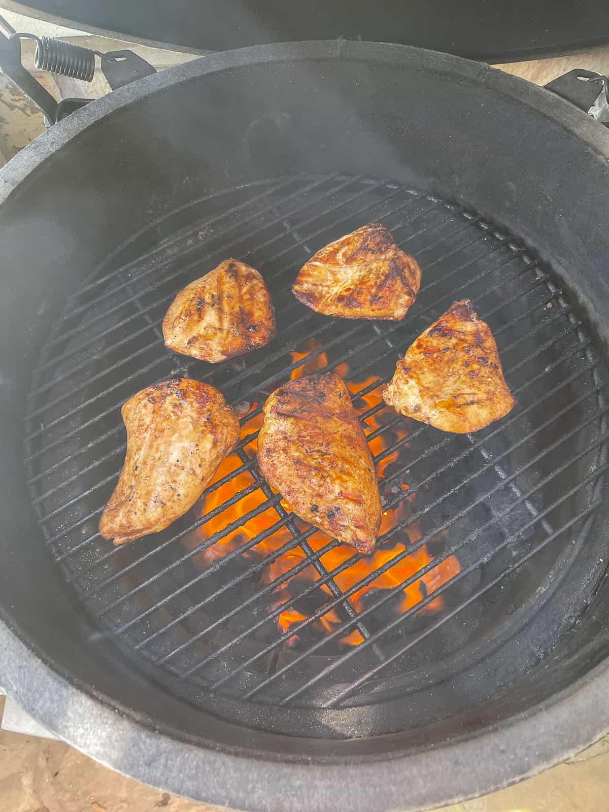 The chicken breasts on the Big Green Egg.
