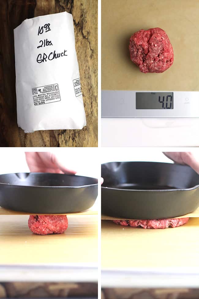 Collage of the process of making the patties, showing how to press them flat and weigh them.