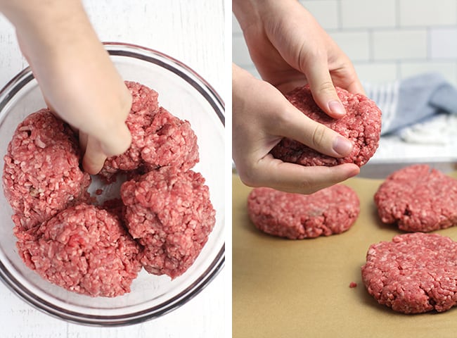 Collage of 1) dividing the beef into four sections, and 2) making the patties.