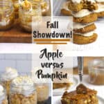 Collage of four recipes - two apple desserts and two pumpkin desserts.