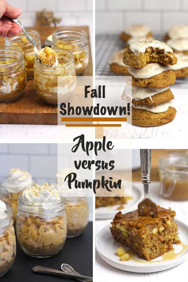 Collage of four recipes - two apple desserts and two pumpkin desserts.