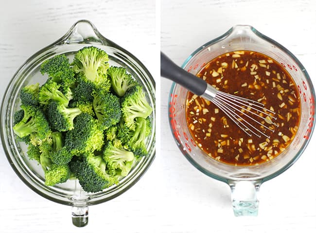 A collage of 1) broccoli florets, and 2) the stir fry sauce.