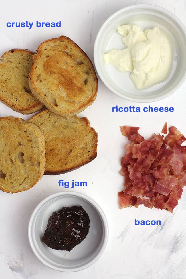Ingredients for bacon ricotta cheese crostini.