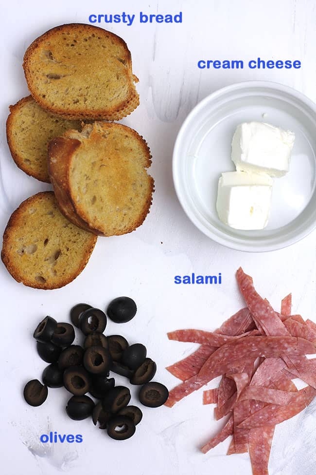 Ingredients for the salami cream cheese crostini.