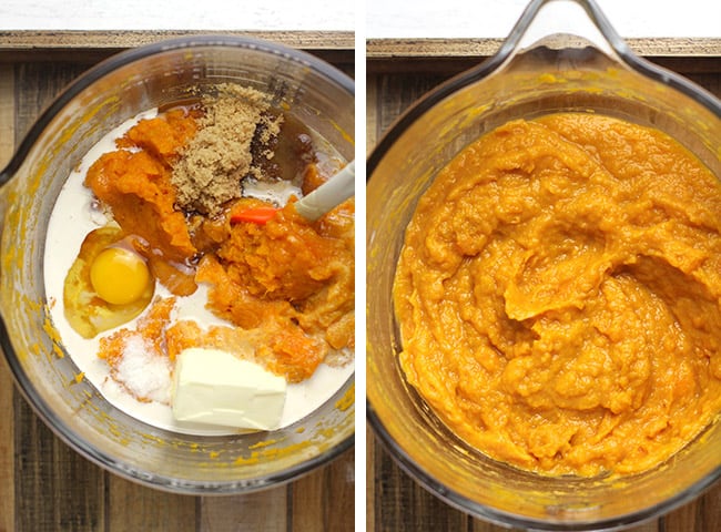 Collage of 1) the sweet potato mash ingredients, and 2) the mash after mixing.
