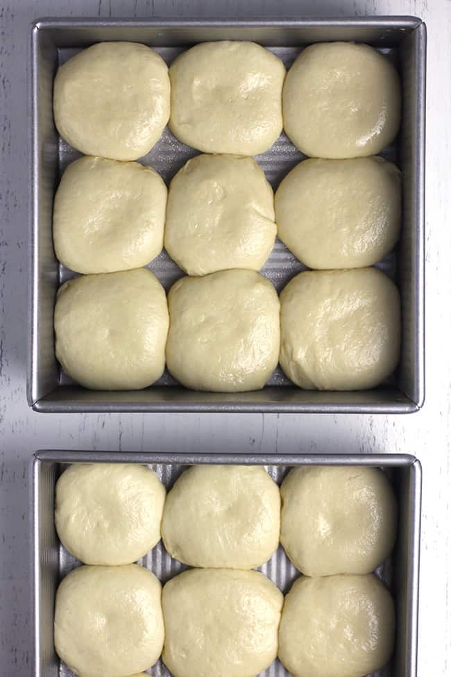 Two square 8x8 pans, with the soft brioche dinner rolls inside ready to bake.