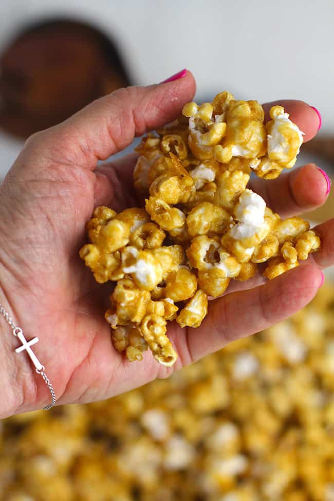 A handful of caramel popcorn.