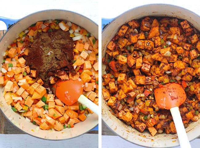 Collage of 1) the veggies with a handful of spice, and 2) the veggies with the seasonings stirred in.