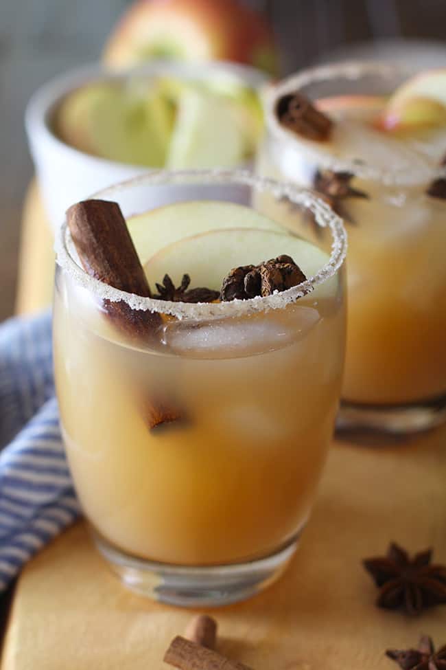 Side shot of two apple cider margs.