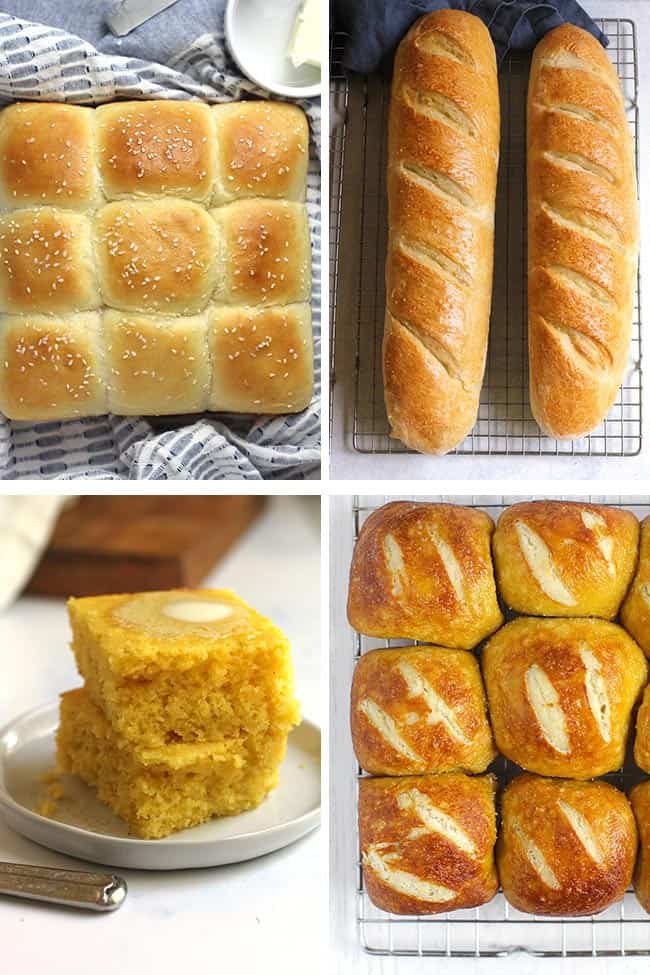 Collage of four different types of bread for Thanksgiving day.