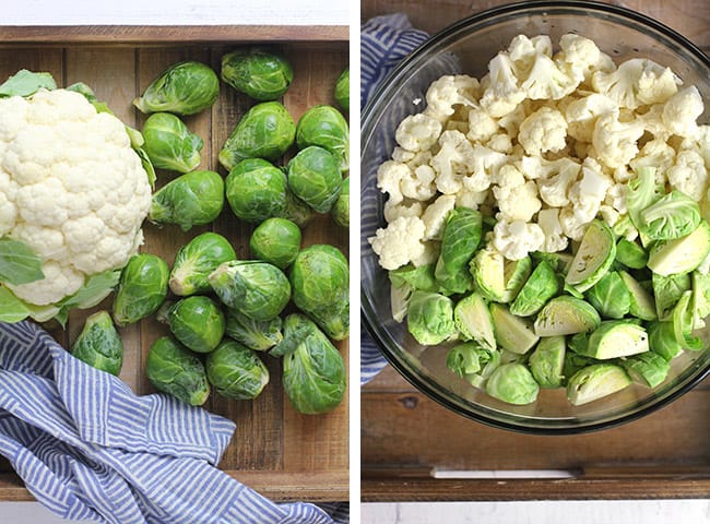 Collage of 1) the raw Brussels sprouts and head of cauliflower, and 2) the chopped veggies in a bowl.