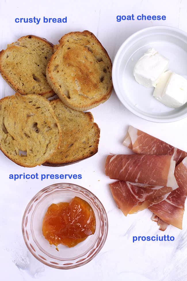 Ingredients for prosciutto crostini with apricot preserves.