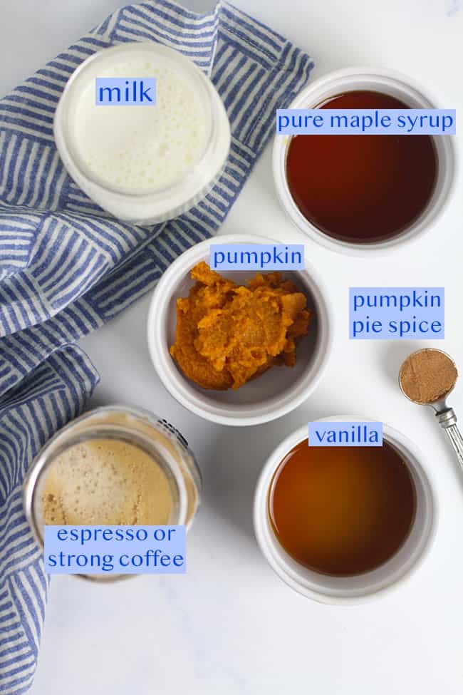 All six ingredients needed for these pumpkin spice lattes.