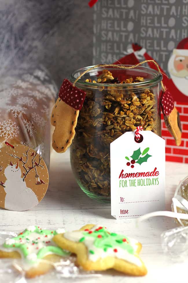 Some edible Christmas gift ideas - granola, cookies, and bread.