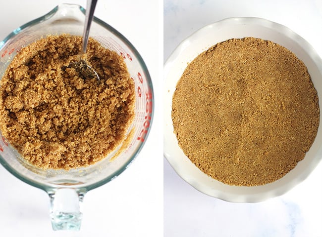 Collage of 1) the graham cracker crust mixture, and 2) the baked graham cracker crust.