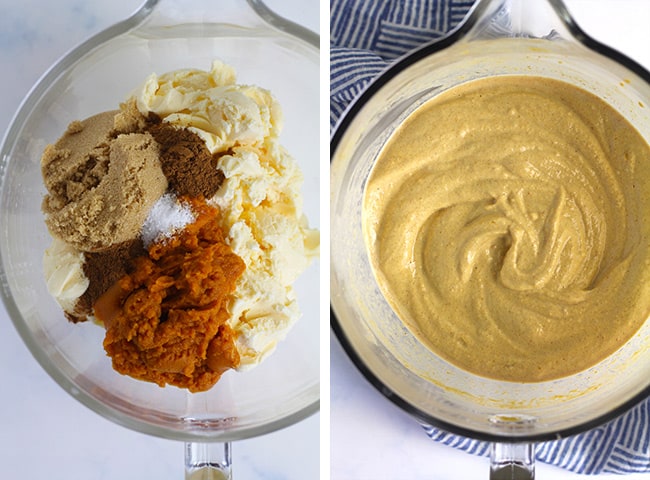 Collage of 1) the pumpkin ice cream ingredients, and 2) the combined ice cream mixture.