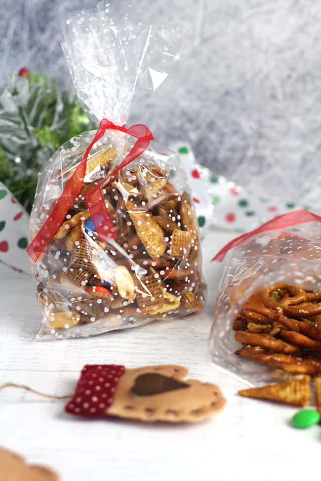 Some spicy Chex party mix in Christmas bags.