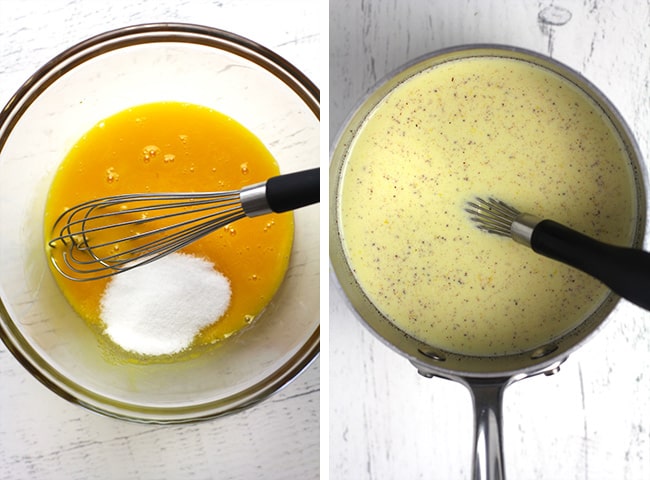 Collage of 1) the eggs and sugar, and 2) the eggnog in a pot.