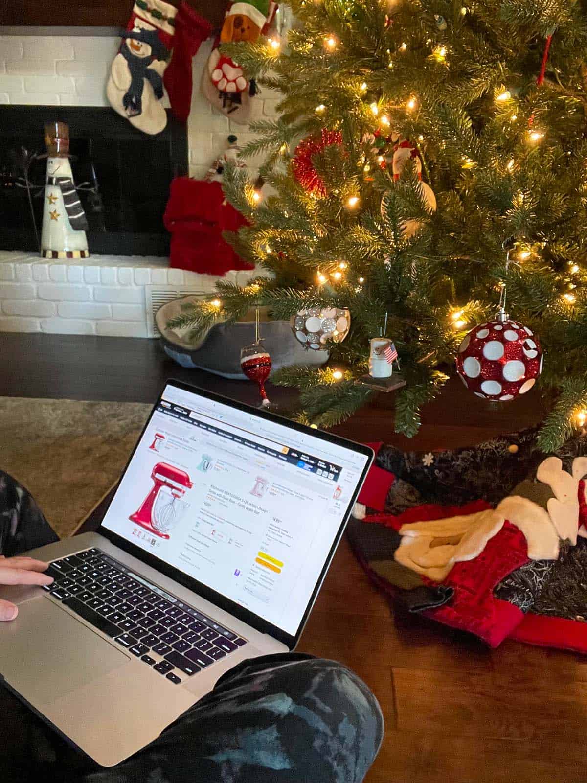 Me sitting on the floor by the tree with my computer open to shop.