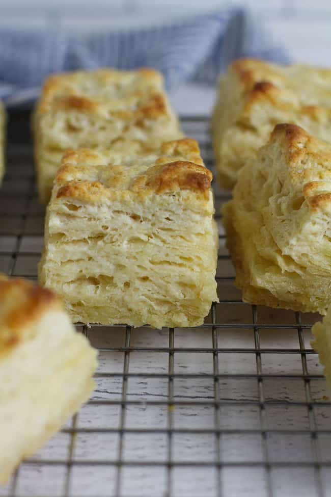 Side shot of biscuits on a cooling rack, showing the flaky layers.