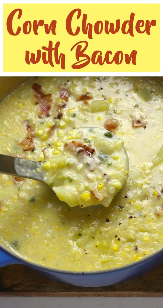 A pot of corn chowder with a ladle of soup pulling up.