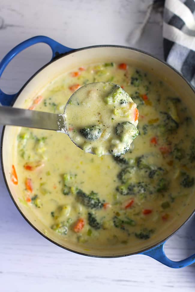 A soup ladle of broccoli cheddar soup being lifted above the stock pot.