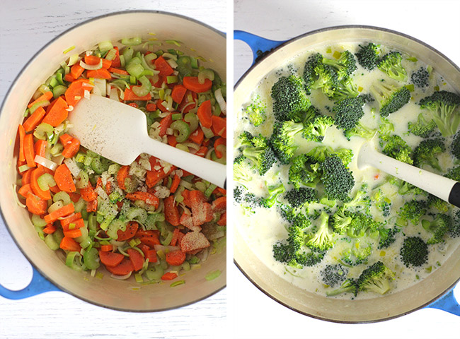 Collage of 1) the sautéed veggies, and 2) the roux plus broccoli added in.