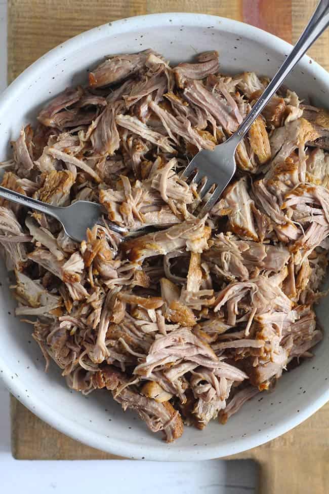 A bowl of the finished pulled pork.
