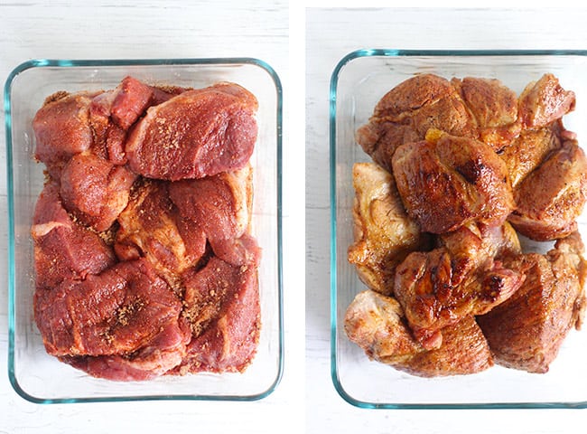 Collage of 1) the raw pork, and 2) the browned pork.