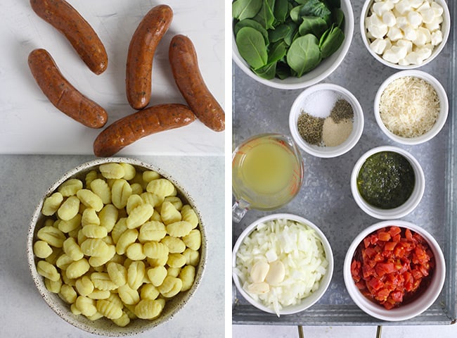 Collage of 1) the sausage and gnocchi ingredients, and 2) the remaining recipe ingredients.