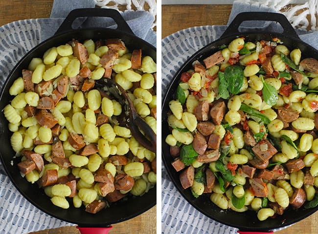Collage of 1) the skillet with just sausage and gnocchi, and 2) the skillet with all ingredients except cheese.