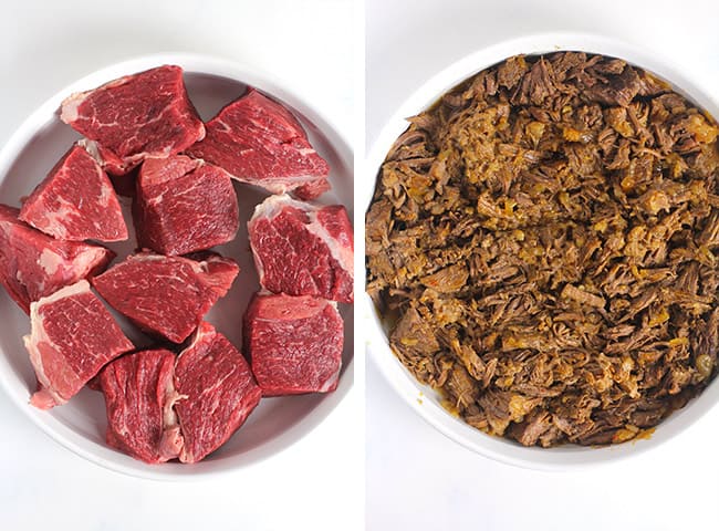 Collage of 1) the raw beef and 2) the cooked and shredded beef.