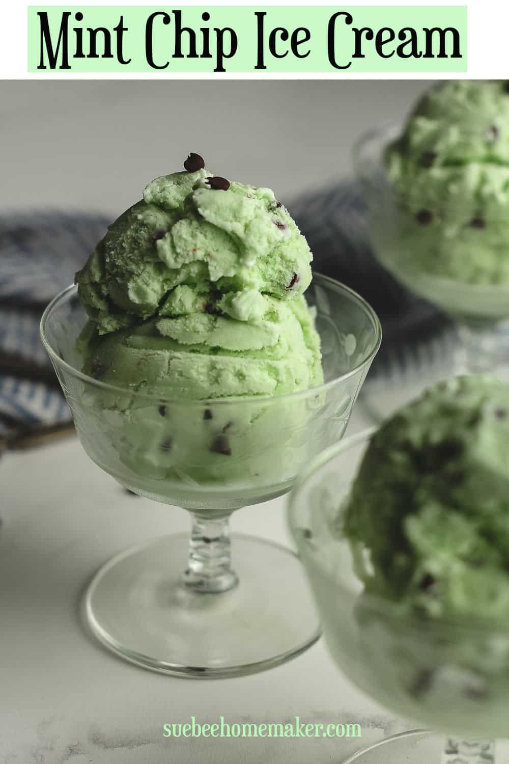 Side shot of some bowls of mint chip ice cream.