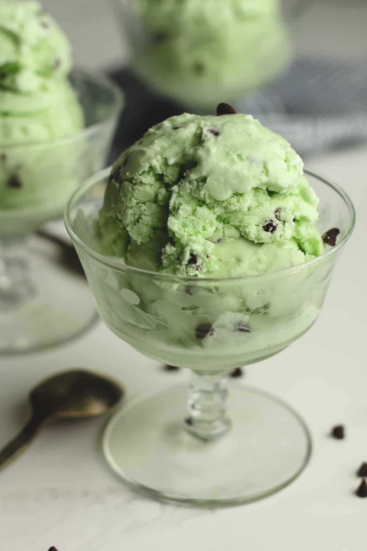 Side shot of a bowl of mint ice cream.