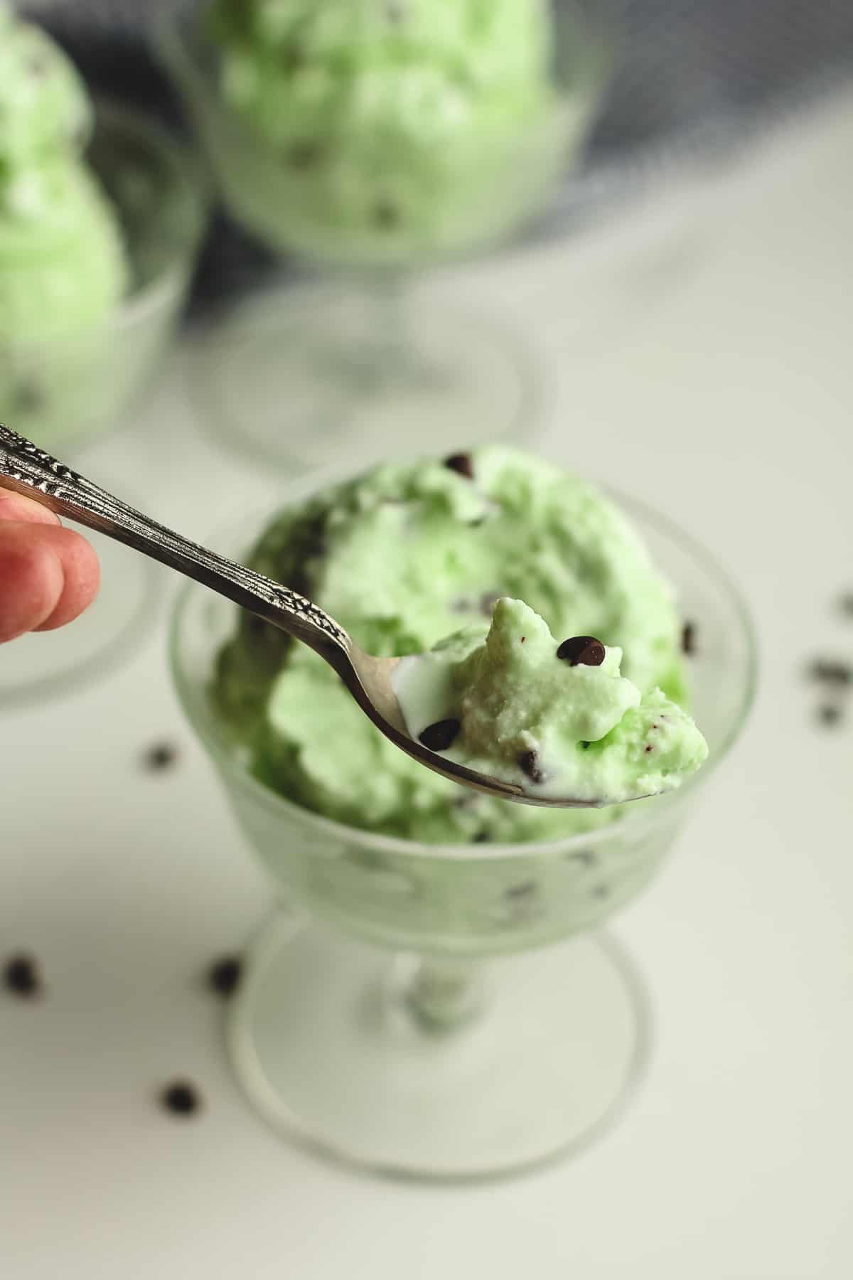 Side shot of a spoonful of mint chip ice cream, in front of a bowl.