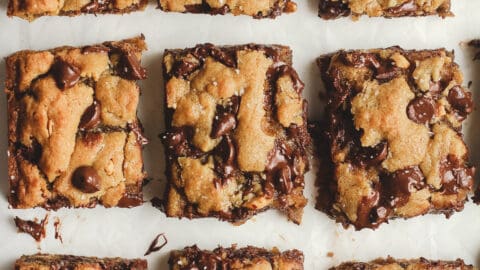 Overhead shot of sliced gooey blondies.