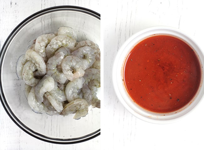 Collage of 1) a clear bowl of raw shrimp, and 2) a white bowl of the honey sriracha marinade.