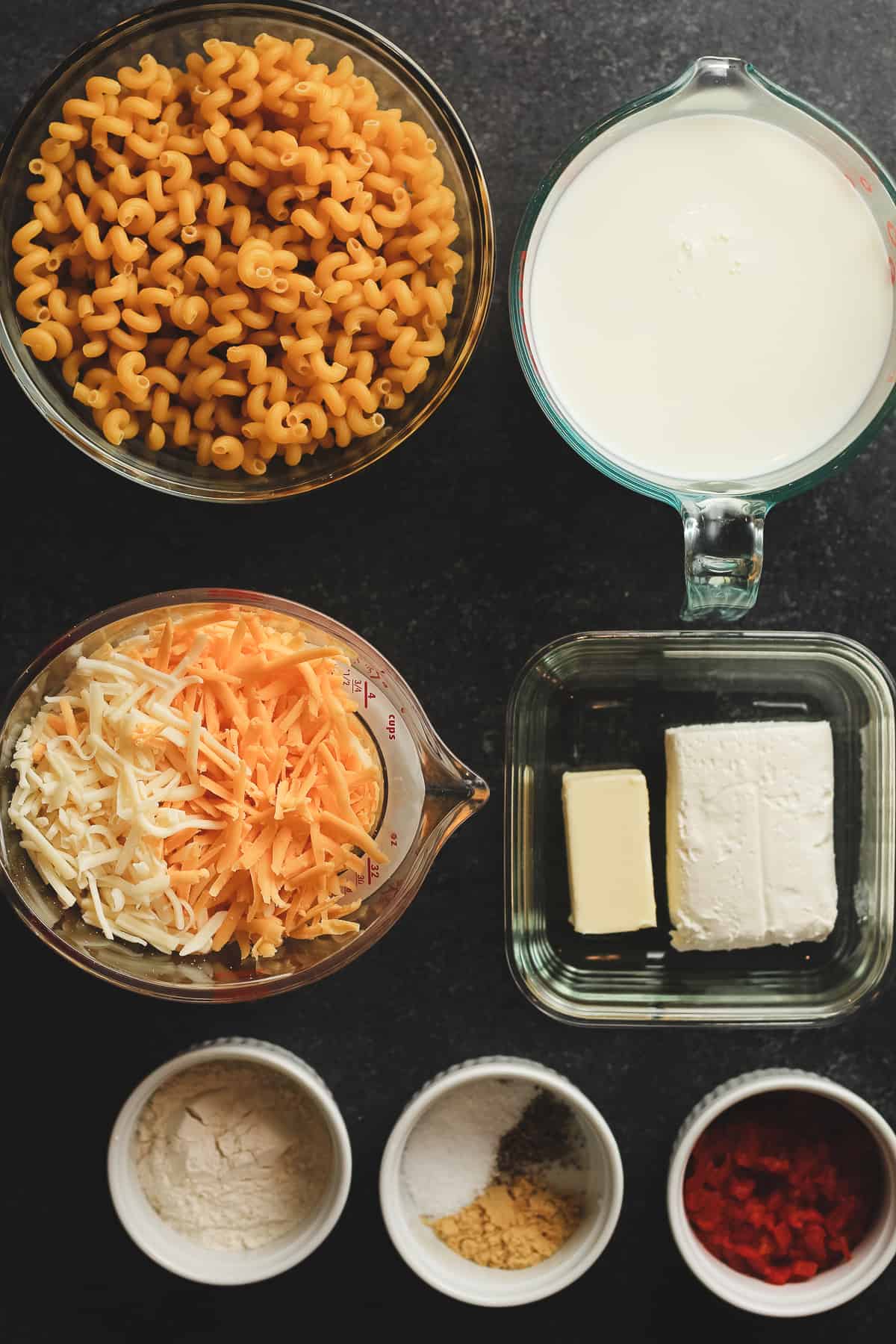 Overhead shot of all the Mac and cheese ingredients.