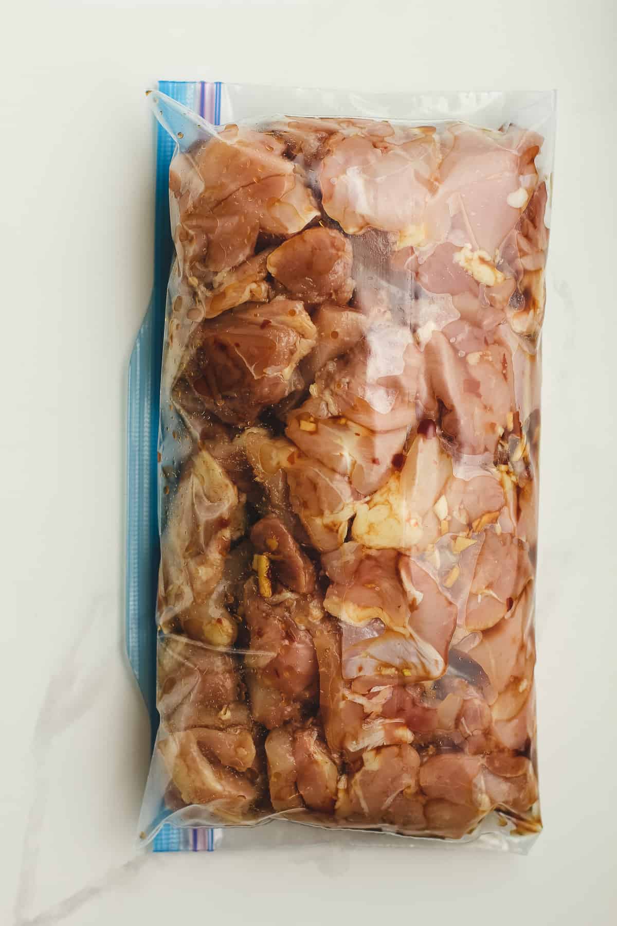 A plastic bag of marinated chicken.