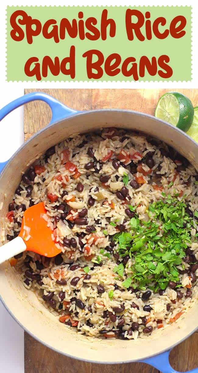 A stockpot of Spanish Rice and beans.
