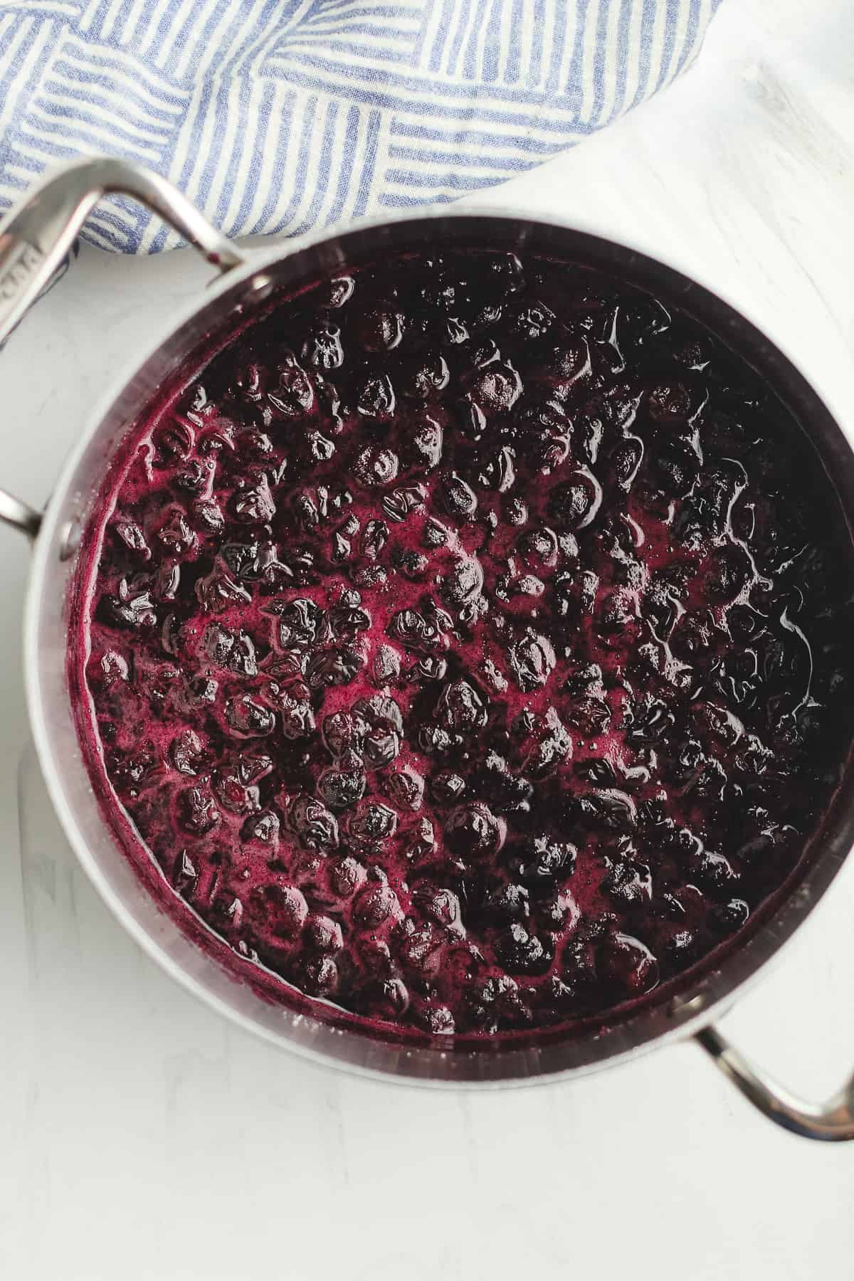 A pan of cooked blueberries.