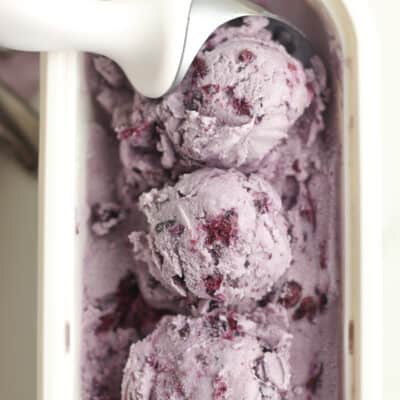 An ice cream scoop on one scoop of blueberry ice cream.
