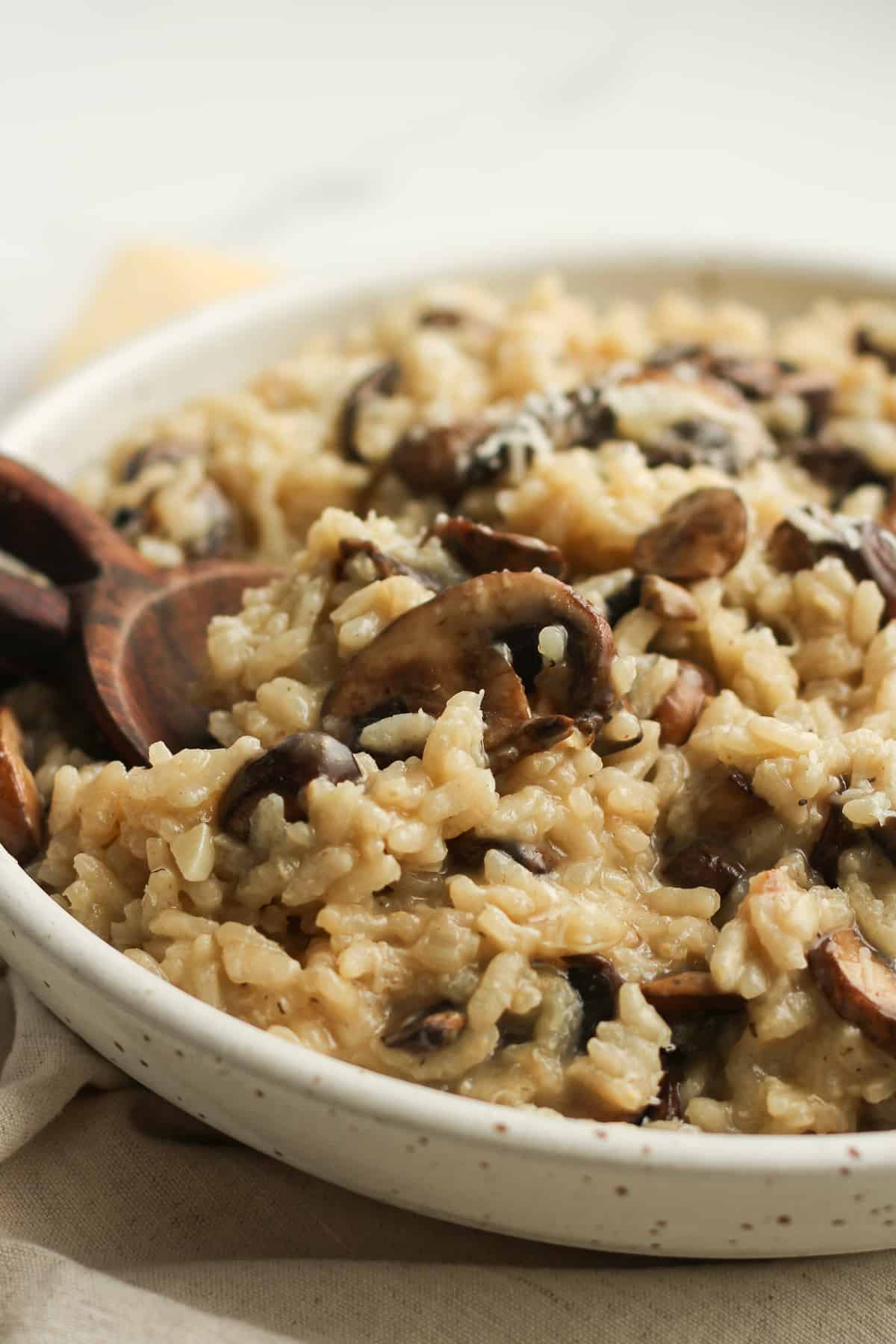 Side shot of a bowl of creamy mushroom risotto.