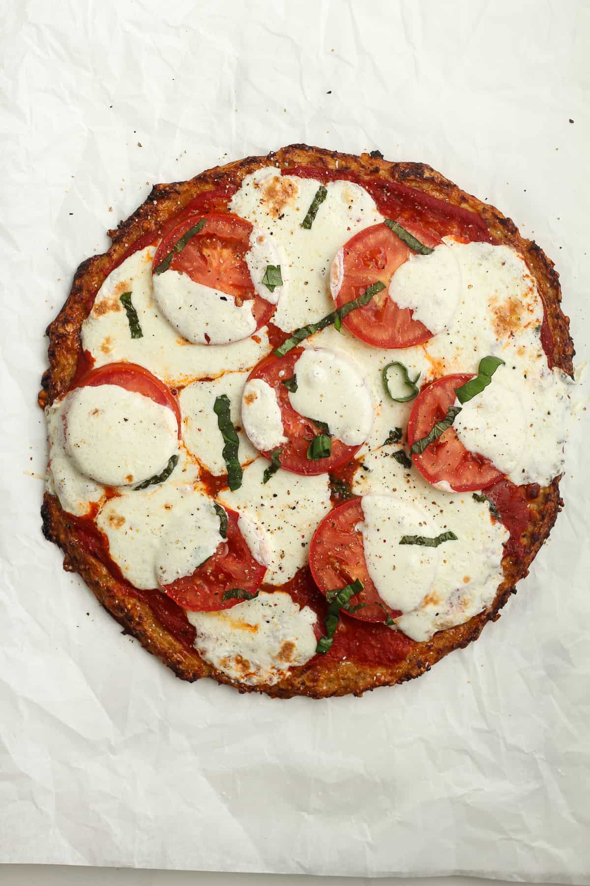 A whole Margherita pizza.