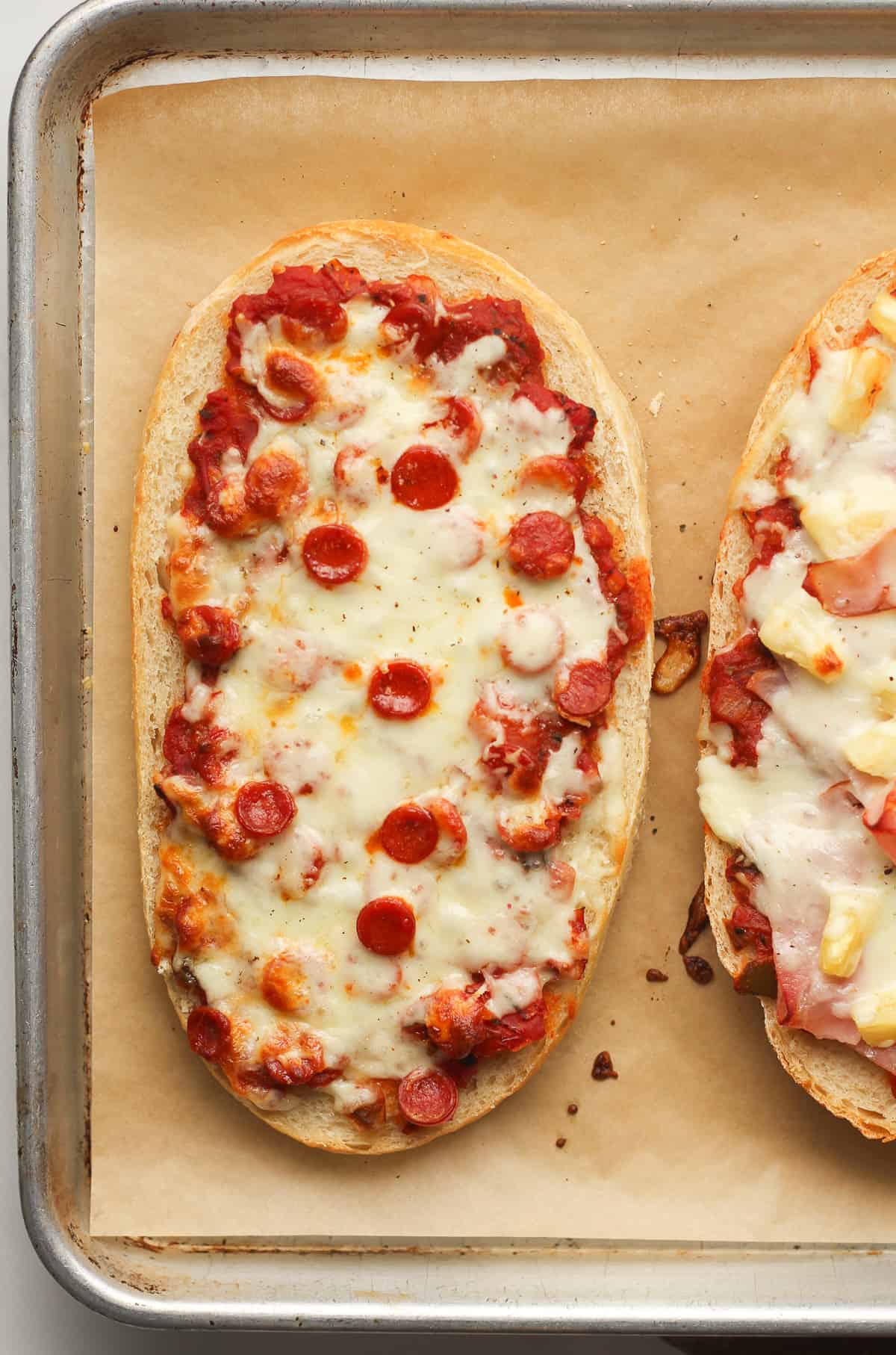 A baked pepperoni French bread.