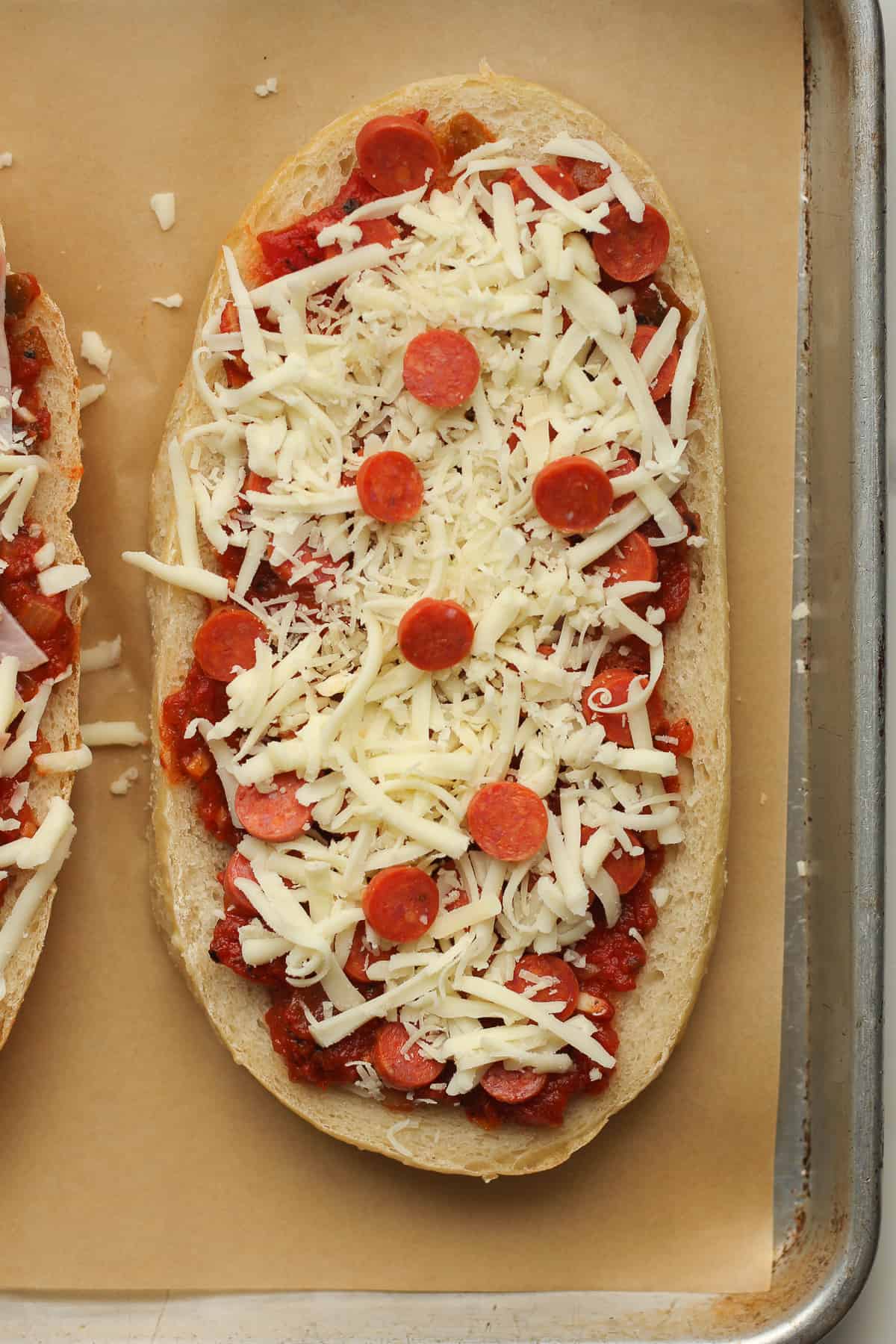 Pepperoni French bread pizza ready to bake.