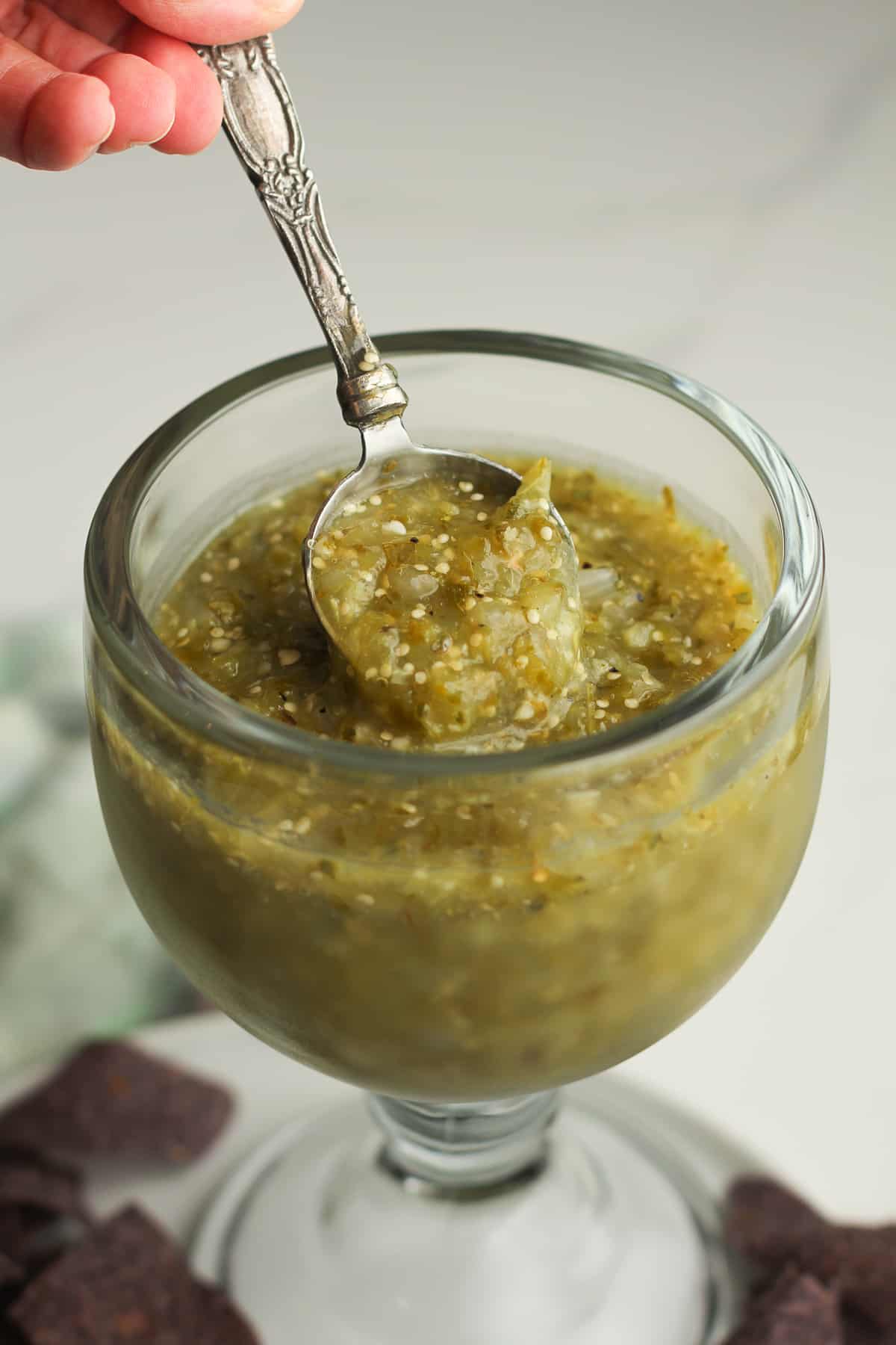 A spoonful of homemade salsa verde.