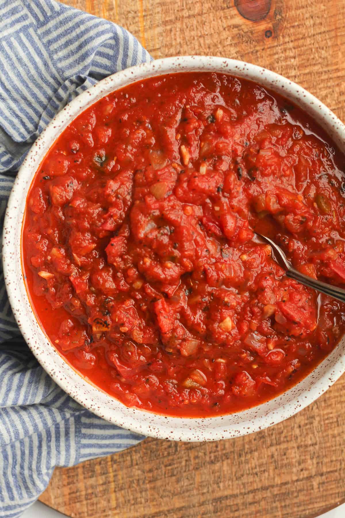 Overhead shot of a bowl of homemade pizza sauce.