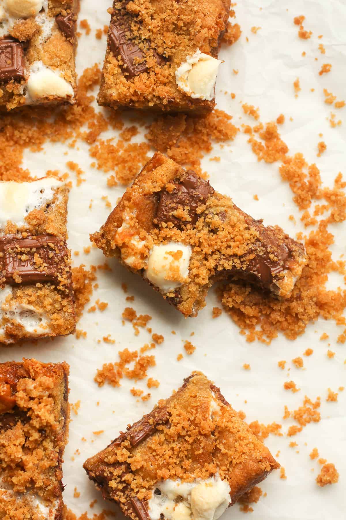 A s'mores bar with a bite out.
