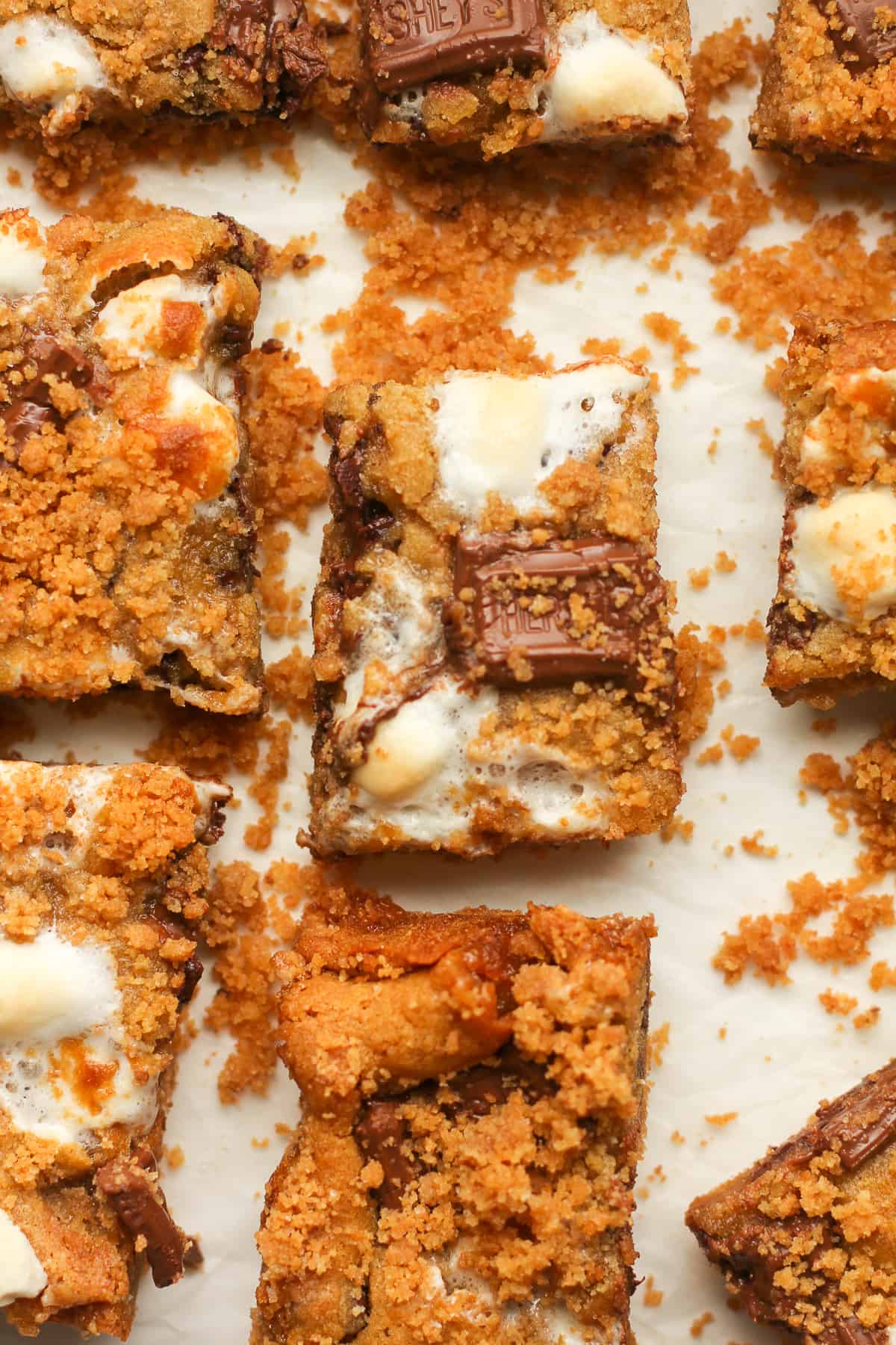 Overhead shot of s'mores cookie bars.
